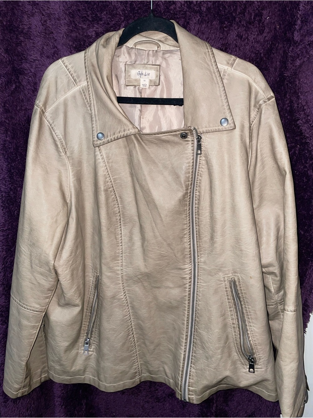 Style & Co. Beige Leather Asymmetrical Zip Jacket
